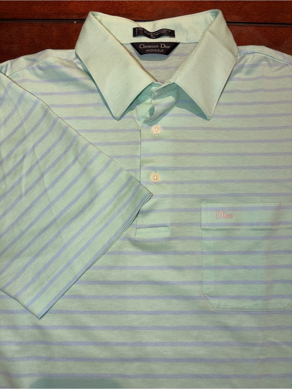 Vintage Christian Dior Monsieur Striped Polo Shirt Mint Green Size L